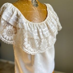 Vintage Cream Lace Ruffled Off the Shoulder Blouse